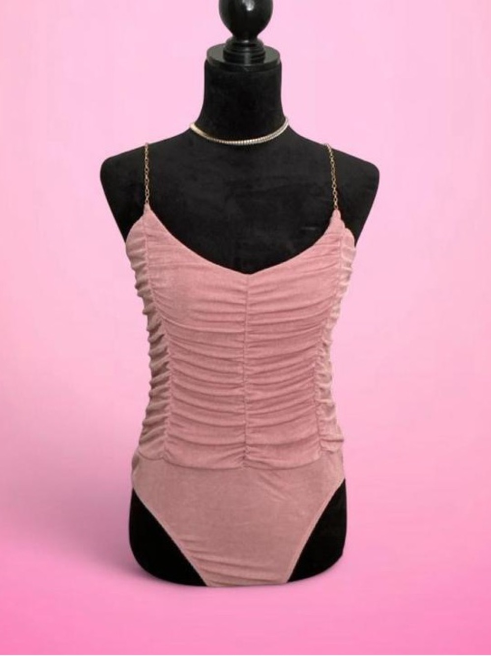 Ruched Pink Velvet Bodysuit with Chain Straps